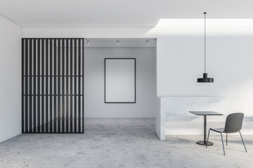 White cafe interior with bench and poster