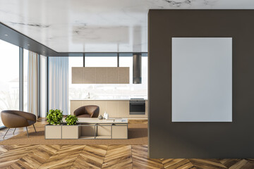Beige kitchen and living room with poster