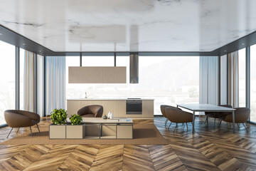 Beige kitchen and living room interior
