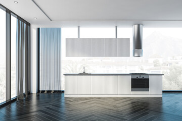Panoramic white kitchen with countertops