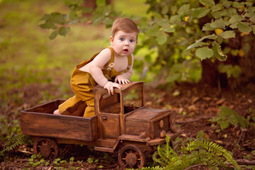 Happy little infant boy of 8-12 months old is sitting in a wooden baby car in nature.