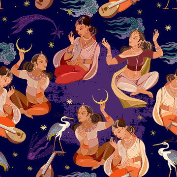 Arabic woman. Scheherazade tell fairy tales in moonlight night. Seamless pattern. Asian female in national ethnic clothes. Arabic astrology. Fashion islamic princesses. East murals style
