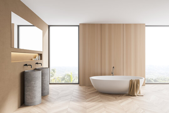 Wooden bathroom interior with tub and sink