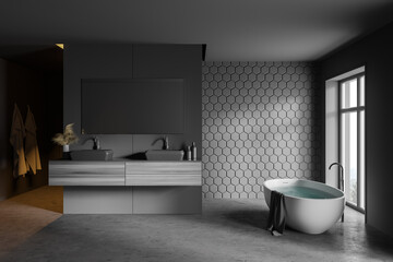Obraz na płótnie Canvas Grey honeycomb tile bathroom interior