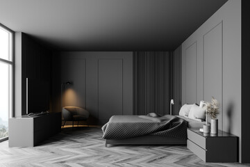 Grey and wooden bedroom with TV, side view