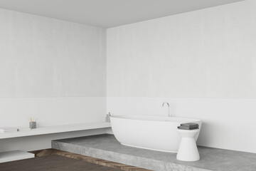 Fototapeta na wymiar White bathroom corner with tub and shelf