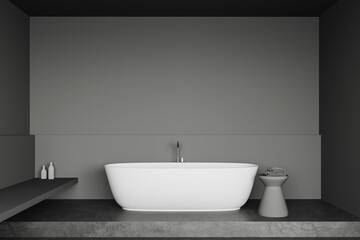 Fototapeta na wymiar Grey bathroom interior with tub and shelf