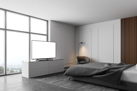 White and wooden bedroom corner with mock up TV
