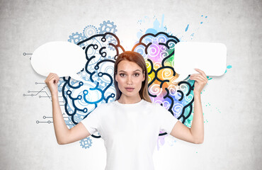 Woman with speech bubbles, left and right brain