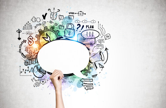 Woman hand with speech bubble, business goal