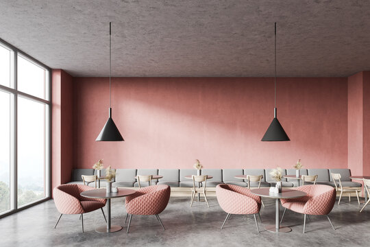 Pink Coffee Shop Interior With Sofa And Armchairs