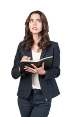 Fototapeta premium Troubled businesswoman with notebook, isolated