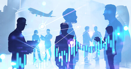 Diverse traders in Moscow city, financial chart