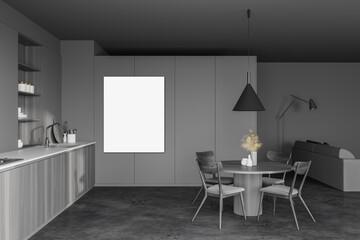 Grey kitchen and living room with poster