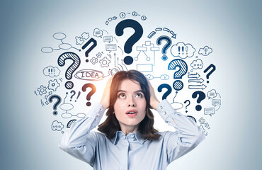 Stressed young woman, question marks