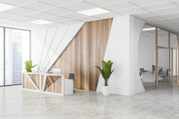 White and wood reception in open space office