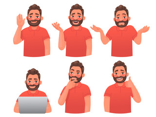 Set of character bearded man with different gestures and emotions. Greeting, conversation, doubt, guy with a laptop, thinks, approval.
