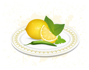 Lemon vector illustration with lemon leaves and green chilli