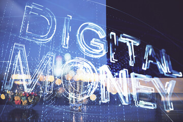 Double exposure of blockchain and crypto economy theme hologram and table with computer background....