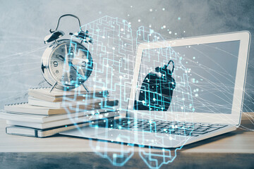 Double exposure of desktop computer and human brain drawing hologram. Ai concept.