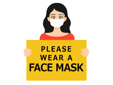 Wearing face mask required sign. Woman wear medical face mask. Yellow attention sign.