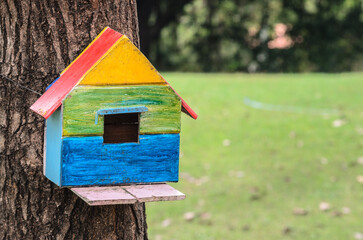 The bird house was installed with trees in the park.