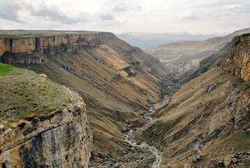 Tsolotlinsky canyon and Tobot river. View from Khunsakh village. Dagestan, North Caucasus, Russia.