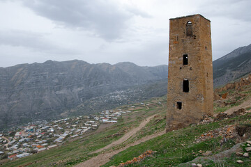View at Goor village  from medieval watchtower. Dagestan, North Caucasus, Russia.