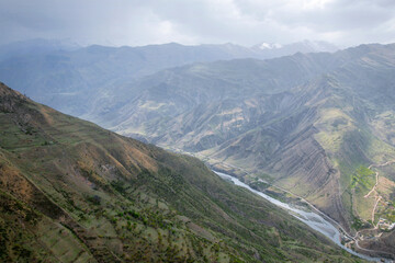 Naklejka premium Mountainous landscape. View at Avar Koysu river valley (gorge) from Goor village. Dagestan, North Caucasus, Russia.