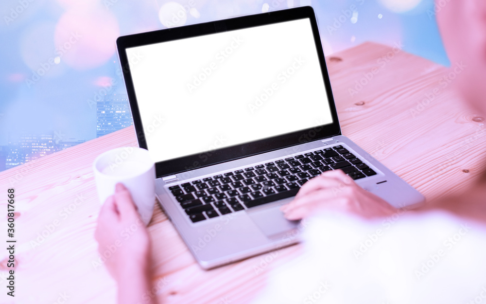 Poster modern gadgets with white display screen under colorful bokeh background