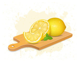 yellow lemon with half piece of lemon and lemon slice vector illustration on wooden chopping board