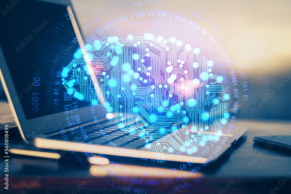 Poster Multi exposure of work space with computer and human brain hologram. Brainstorm concept.