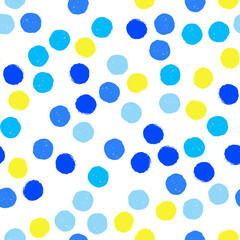 Fototapeta na wymiar Polka dot (blue and yellow) seamless pattern on white background. Vector design for textile, backgrounds, clothes, wrapping paper, web sites and wallpaper. Fashion illustration seamless pattern.
