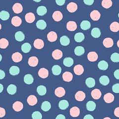 Polka dot pink and blue seamless pattern on dark blue background. Vector design for textile, backgrounds, clothes, wrapping paper, web sites and wallpaper. Fashion illustration seamless pattern.