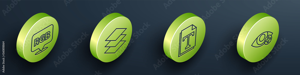 Poster set isometric speech bubble with rgb and cmyk, layers, text file document and red eye effect icon. v