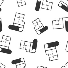 Room plan icon in flat style. Blueprint vector illustration on white isolated background. House project seamless pattern business concept.