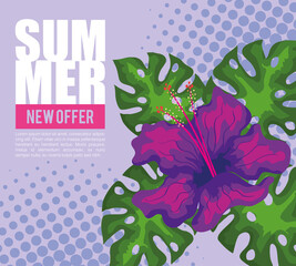 summer new offer, banner with flower and tropical leaves, exotic floral banner vector illustration design