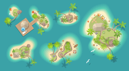 Vector set. Islands top view. Tropical islands of various shapes and terrain. (view from above) 