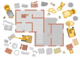 Vector illustration. Building top view. Construction, construction equipment, building materials, builders. View from above.