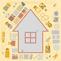 Vector illustration. Building top view. Construction, construction equipment, building materials, builders. View from above.