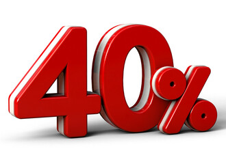40 percent in red.  Isolated on white background. Special offer forty percent off discount tag. 3d render. 40%