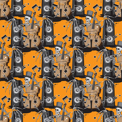 a seamless pattern of a skeleton with wings in a hat plays a double bass music dynamics notes on an orange background. Vector image