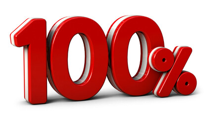 100 percent in red.  Isolated on white background. Special offer hundred percent off discount tag. 3d render. 100%