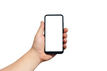 Man hand on white background holds phone with isolated screen. Mockup Technology.