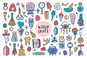 Witchcraft cute vector doodle hand drawn big clip art, set of design elements, icons, stickers. Colorful design. Isolated on white background. Different witch magic staff herb, equipment, ingredient. 