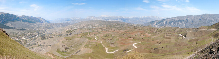Rural mountainous landscape with terraced fields. Area between Tlokh and Khunsakh villages, Dagestan, North Caucasus, Russia.