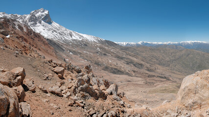 Mountainous landscape. View at Mount Shalbuzdag (4142 m). Dagestan, North Caucasus, Russia..