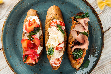 Top view tappas bruschettas appetizer snacks toast