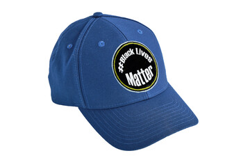 dark blue cotton baseball cap on a white background, patch with the text "# Black Lives Matter"