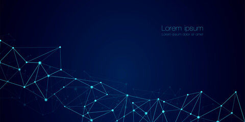 Abstract technology Network nodes Vector background. Connection science and futuristic technology, digital data tech structure, connected points on polygon grid on dark blue